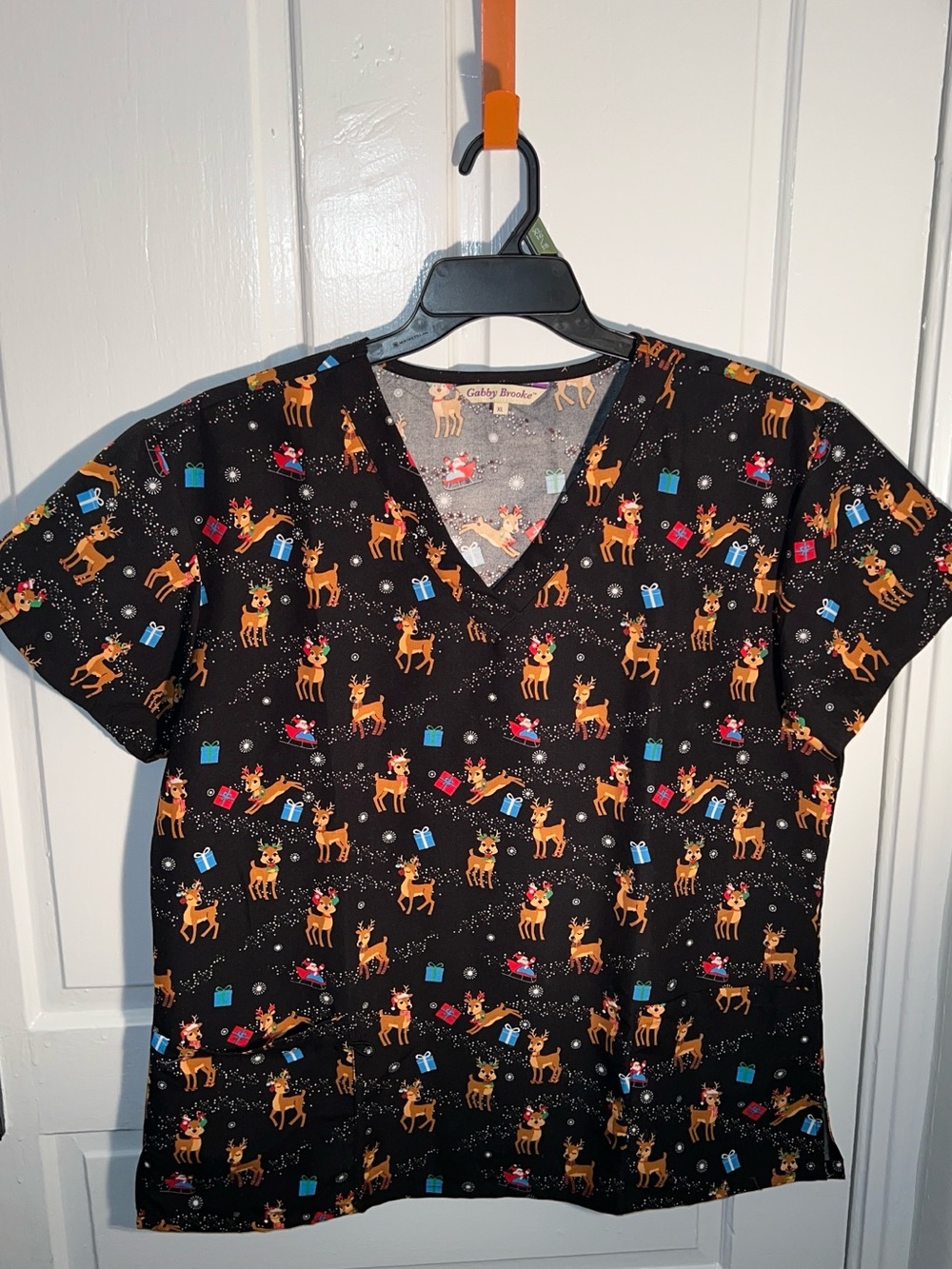 Black Short Sleeve V-Neck Top with Festive Reindeer Print Christmas scrubs
